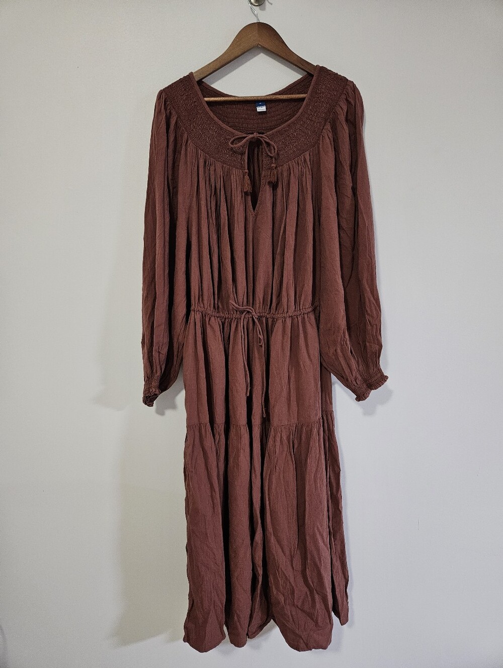 Old Navy Waist-Defined Prairie Long-Sleeve Midi Dress Brown Sz 4X Boho Cottage